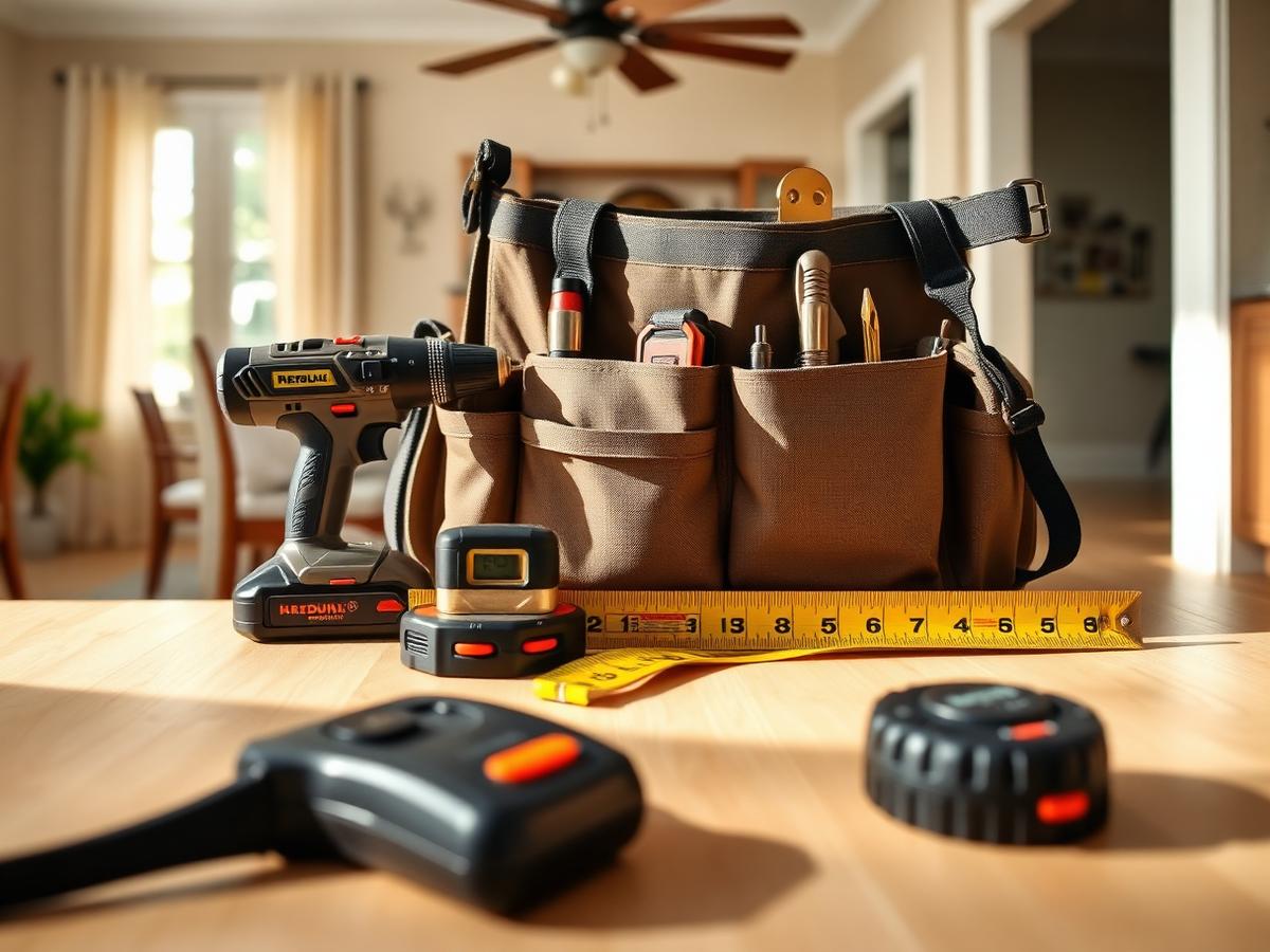 Illustrative example: a tidy home repair workspace with hand tools, a cordless drill and hardware laid out.