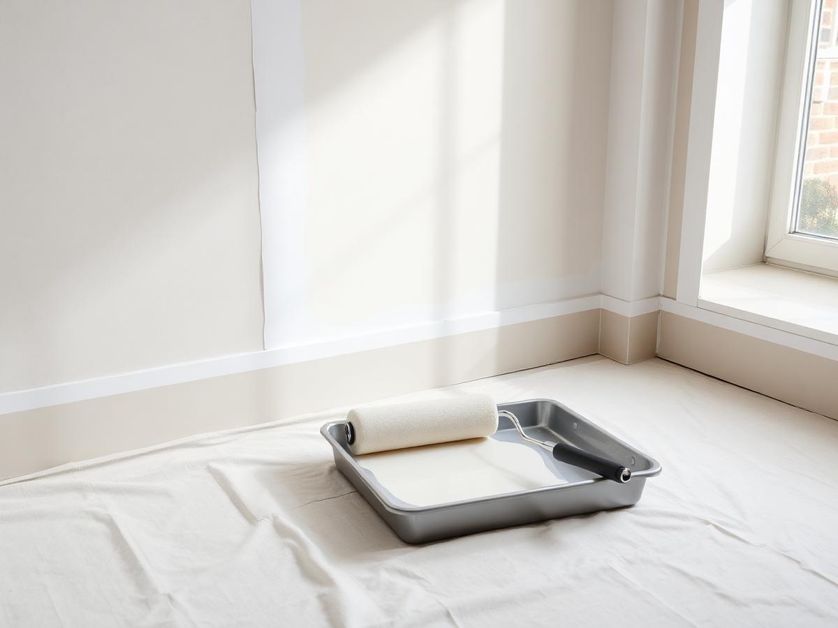 Illustrative example: interior painting in progress with a roller, tray and taped, protected edges.