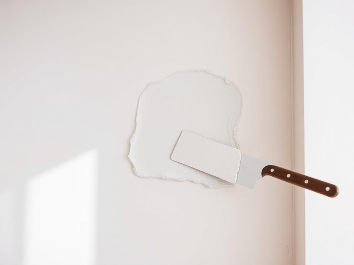 Illustrative example: a drywall patch being smoothed flat with a wide taping knife.