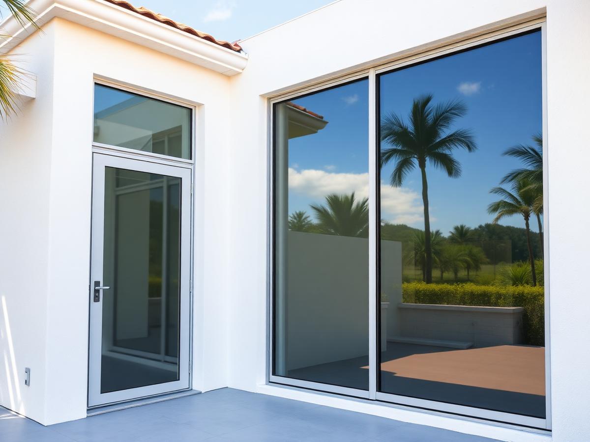Illustrative example: hurricane impact-rated windows and a sliding impact door on a white stucco Florida home.