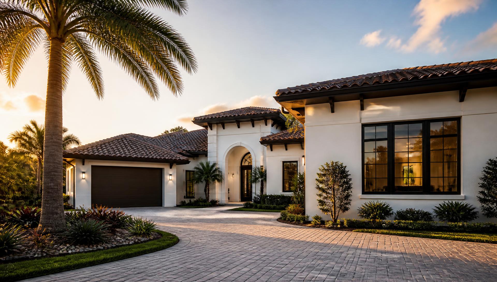 Illustrative example: a single-family South Florida home with a tile roof and impact windows on a sunny day.