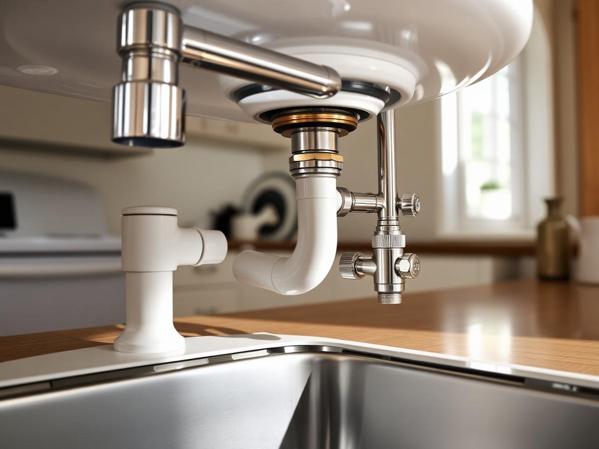 Illustrative example: a chrome sink faucet and clean supply lines under a bathroom vanity.
