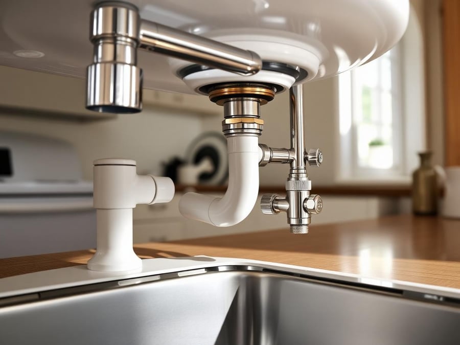 Illustrative example: a chrome sink faucet and clean supply lines under a bathroom vanity.