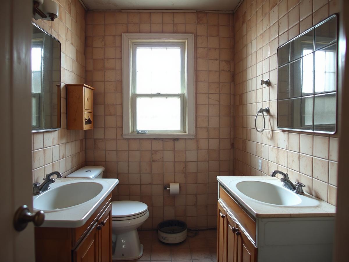 Illustrative example: a dated bathroom with worn beige tile and an old vanity before remodeling.