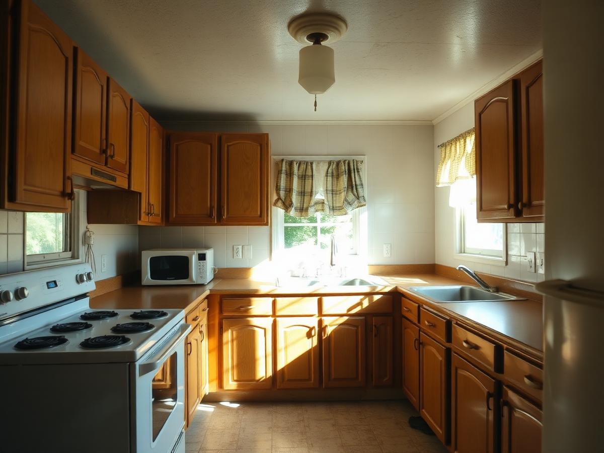 Illustrative example: a dated kitchen with worn oak cabinets and laminate countertops before remodeling.